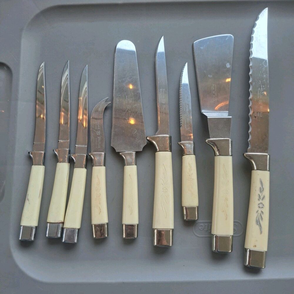 Vintage Regent Sheffield Steak Knives Set of 9 Cornflower Silver Serving Cutlery